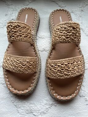 American Eagle Outfitters Woven Double-Strap Slide Sandals in Tan